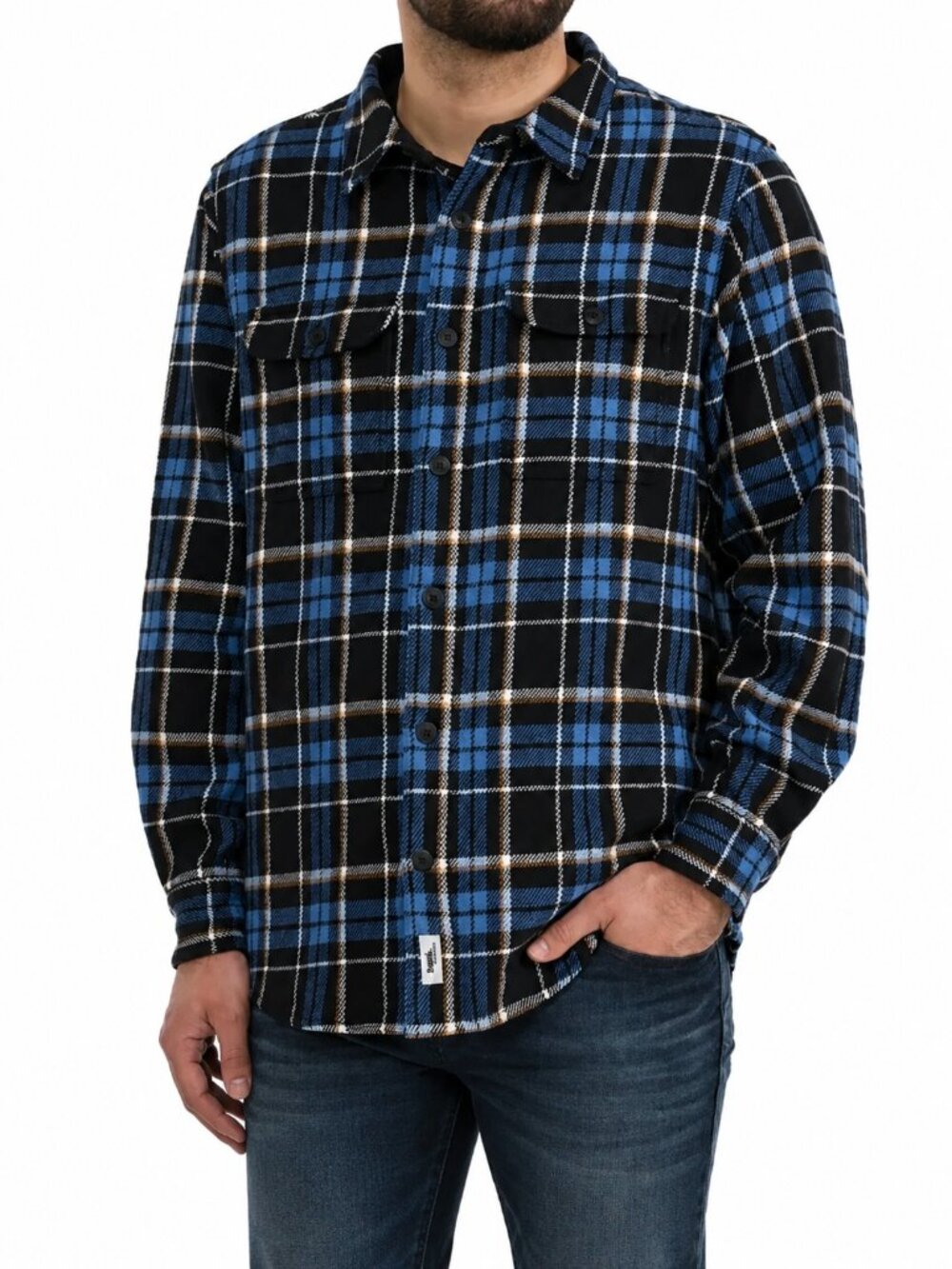 FRANK AND OAK Cotton Plaid Flannel Shacket Jacket Blue Black Medium Outdoor
